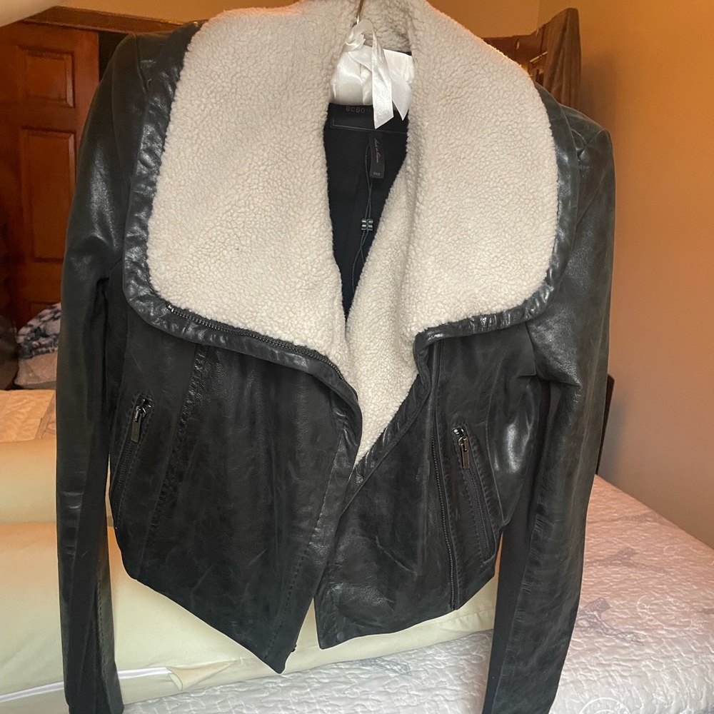 BCBG Black Leather Bomber Jacket with Sherpa Shearling Collar